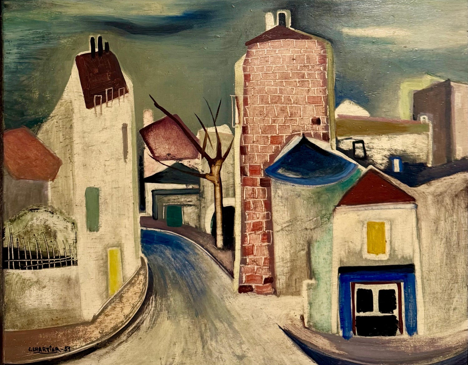 Charles Chartier 1951 French Cubist Modernist Oil Painting Surreal Paris Village