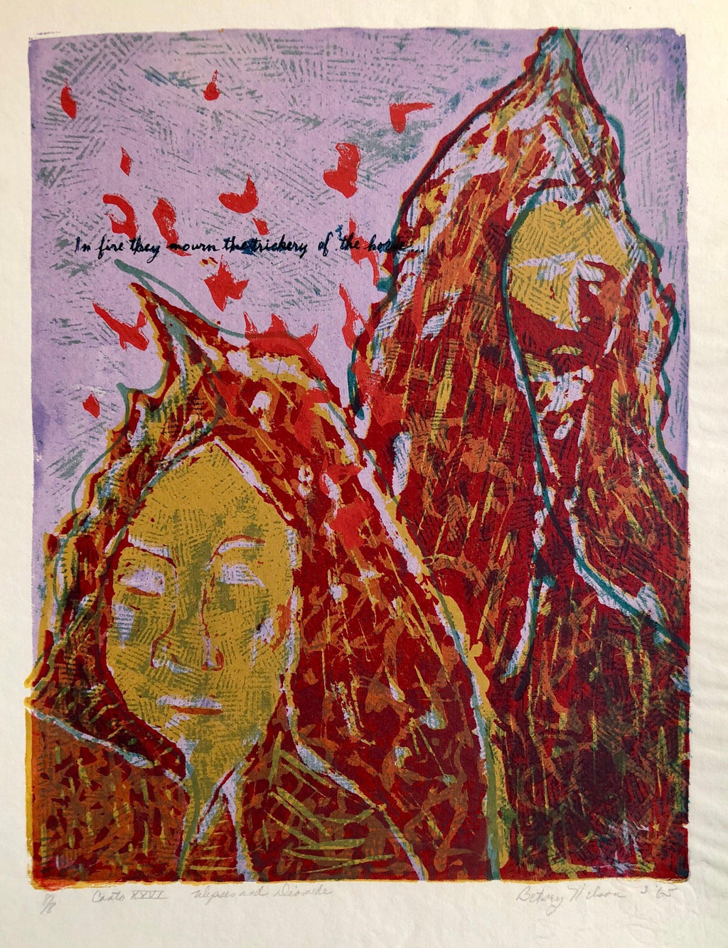 Vintage Vibrant Mod Divine Comedy Dante Inferno Virgil Woodblock Woodcut Print