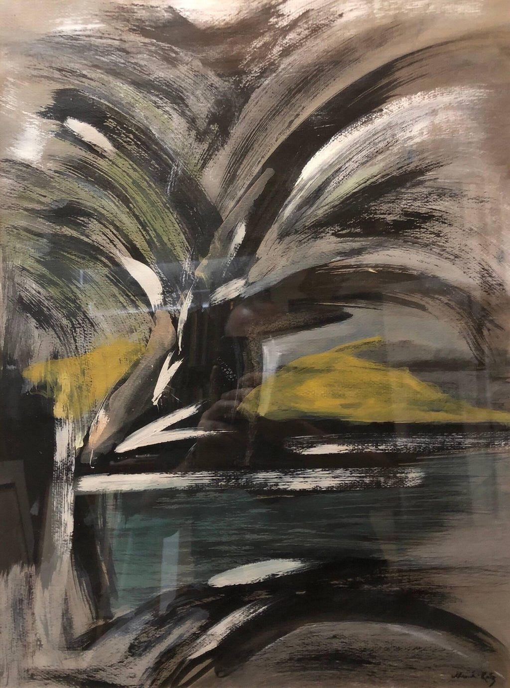 Abstract Landscape with Palm Tree Judaica Gouache Painting