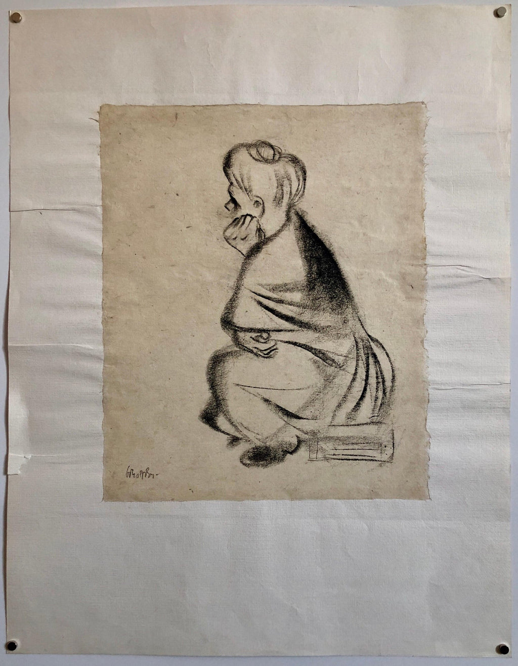 Charcoal Drawing "Waiting" Pensive Woman Americana WPA Artist