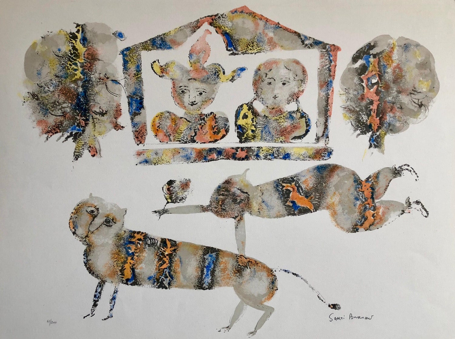 Contemporary Indian Art Master Lithograph in Color Abstract Figures with Cat