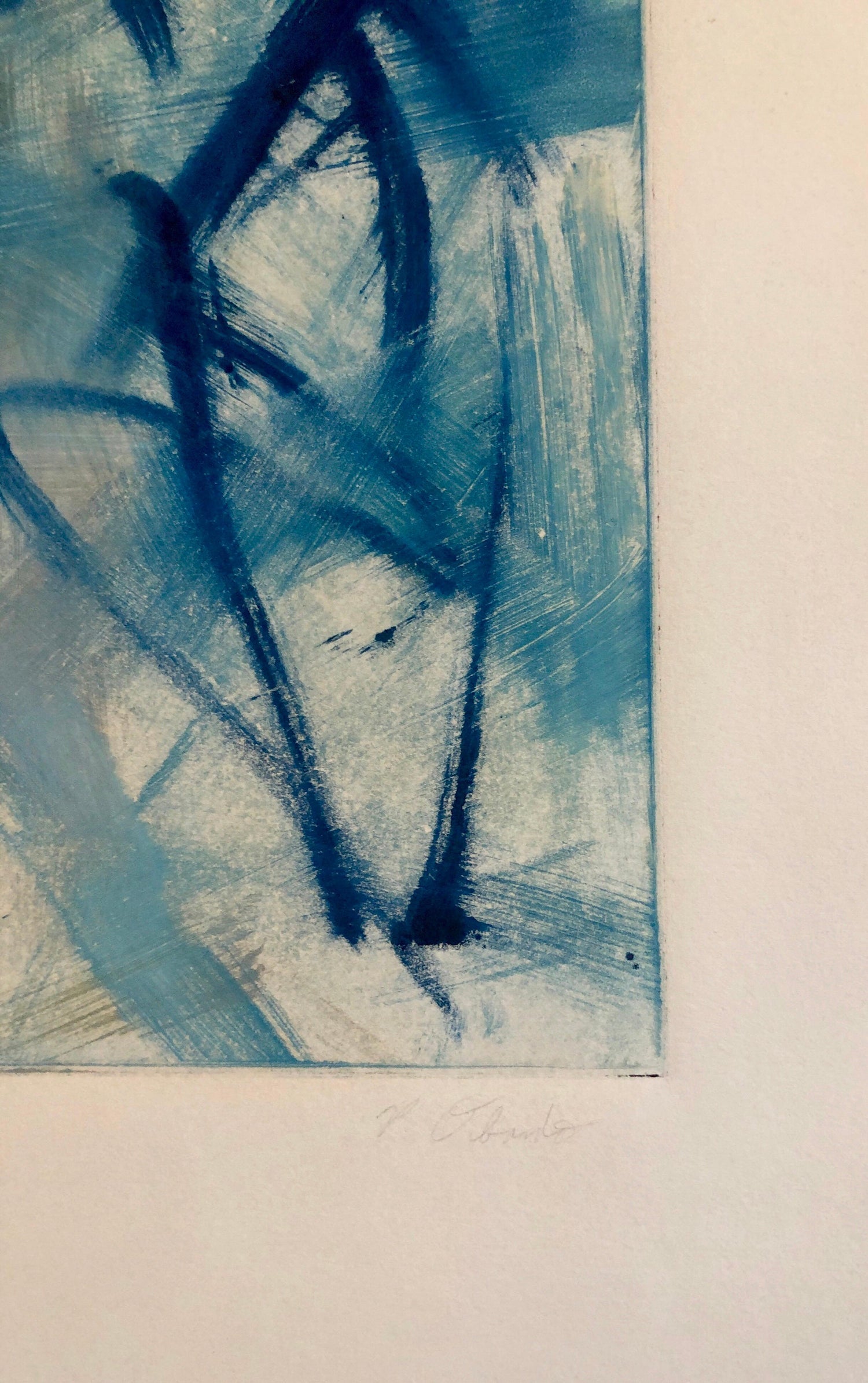 Abstract Expressionist Modernist Blue Grey Monoprint Monotype Painting Print