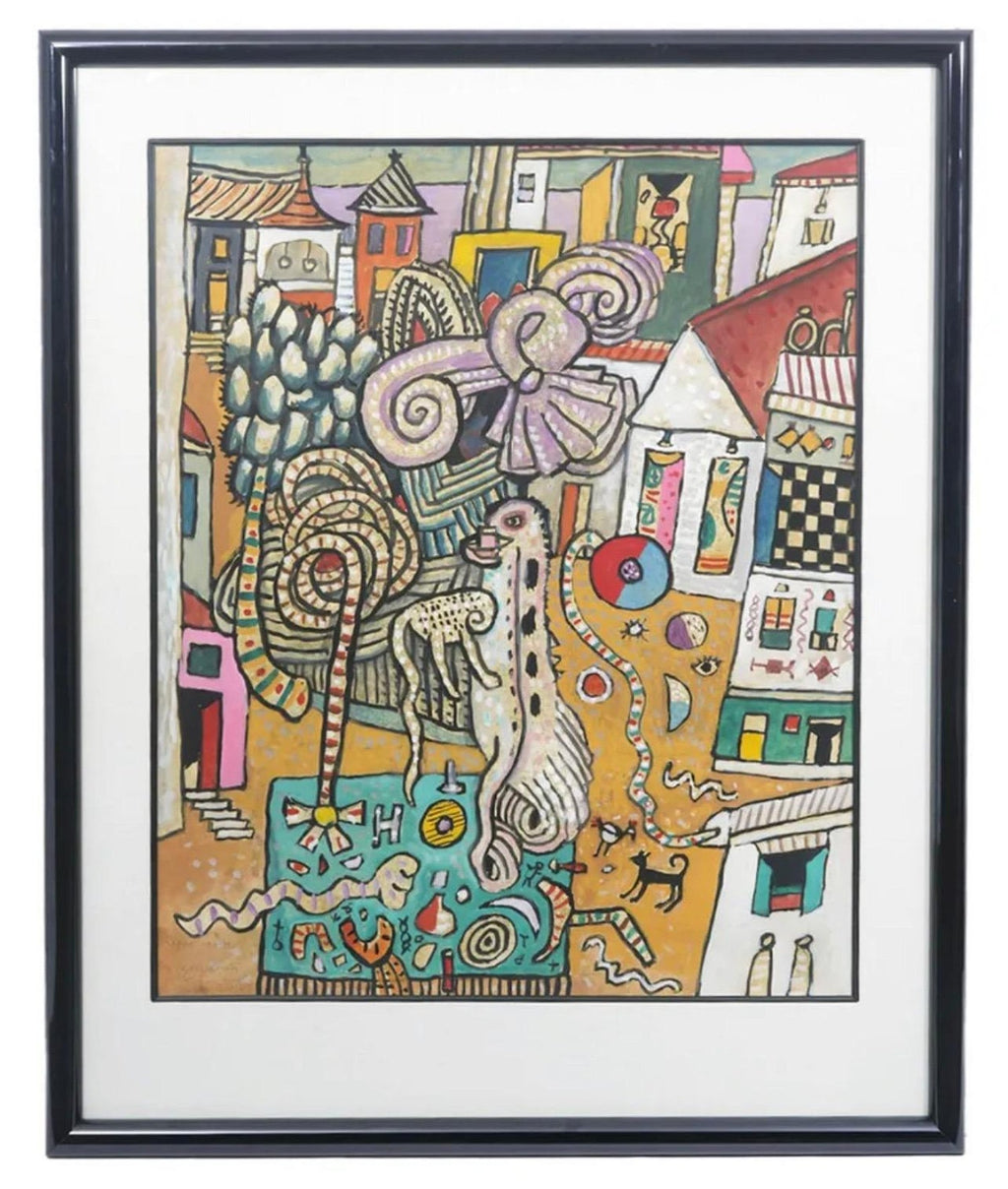 Vibrant Alan Davie Scottish Colorful Surrealist British Pop Art Village Painting