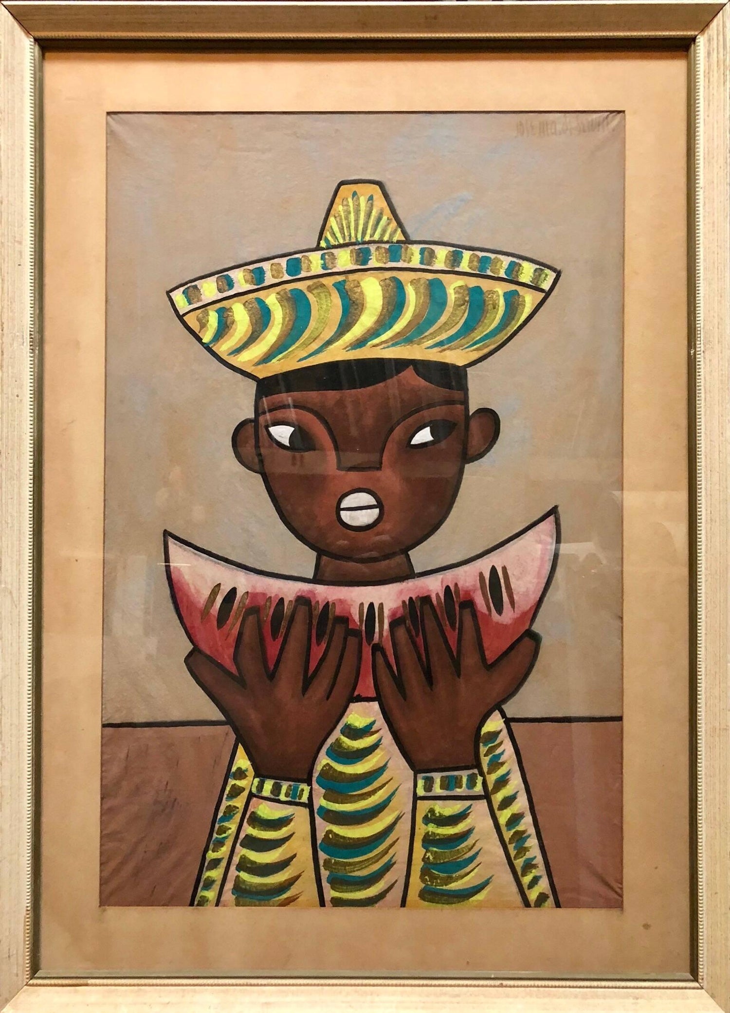 Mexican Modernist Painting Boy with Watermelon