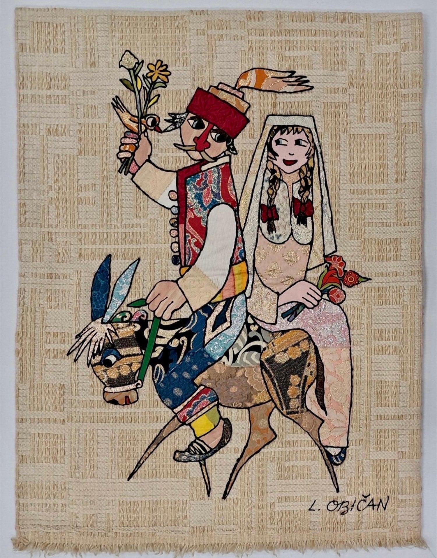 Naive European French Folk Art Jovan Lazar Obican Tapestry Wall Hanging Weaving