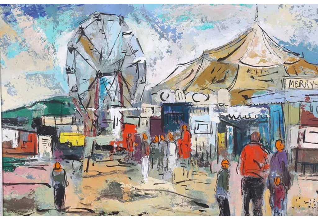 Modernist Oil Painting George Schwacha Carnival Circus Big Top Ferris Wheel WPA