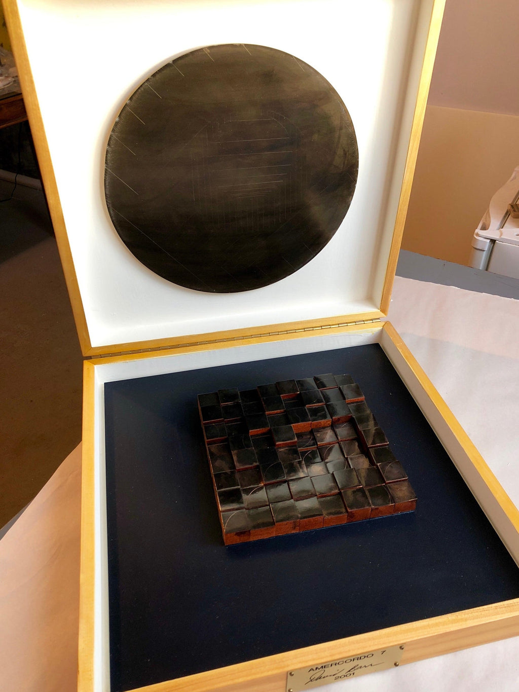 Modernist Detroit Table Sculpture Wood Collage Box Assemblage Americordo Copper