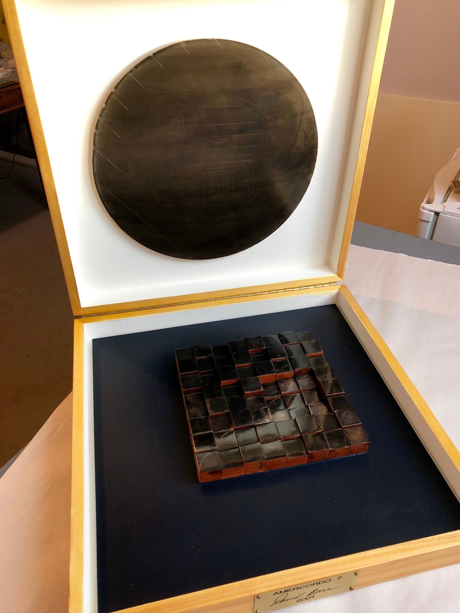 Modernist Detroit Table Sculpture Wood Collage Box Assemblage Americordo Copper