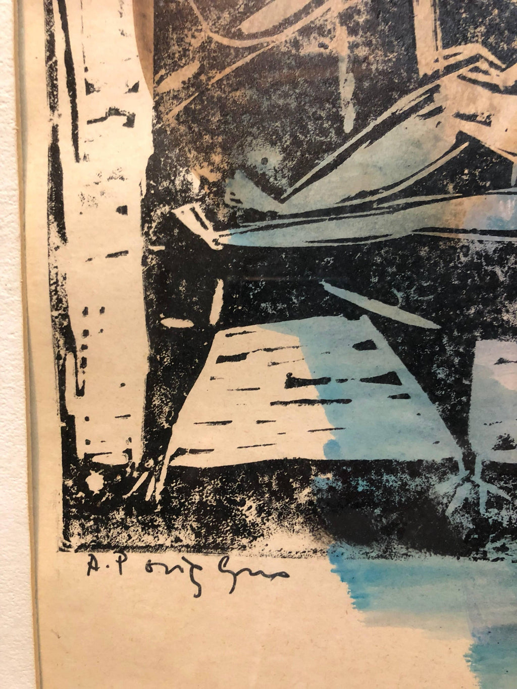 Abstract with Figures Israeli Mid Century Modernist Woodcut Watercolor Painting