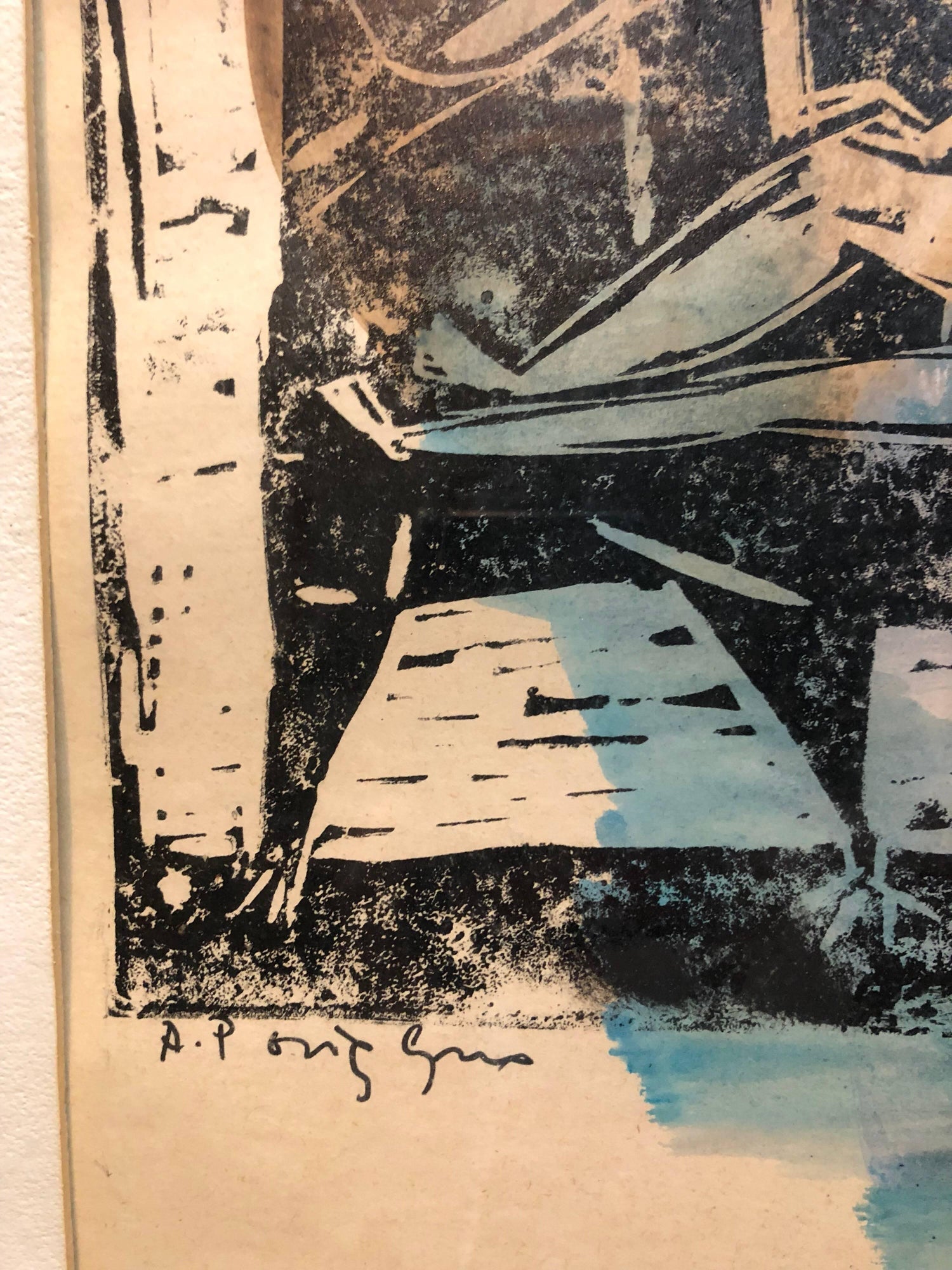 Abstract with Figures Israeli Mid Century Modernist Woodcut Watercolor Painting