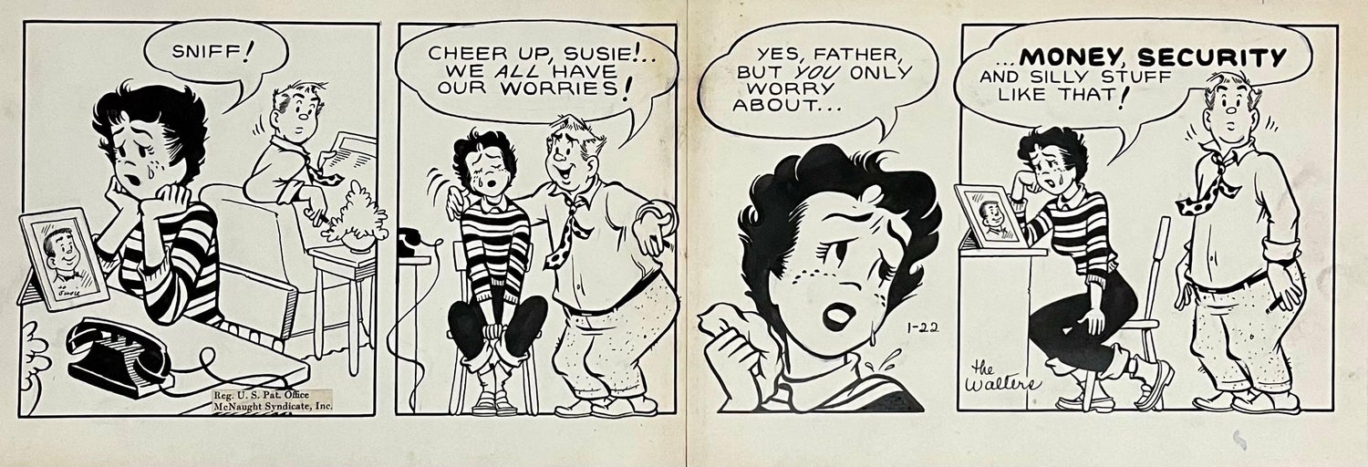 Rare 1950s Vintage Syndicated Ink Drawing Cartoon Strip Susie Q Smith Comic Art