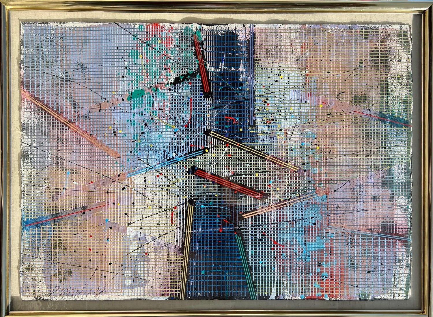 Large Modern Abstract Cast Stencil Painting Paul Maxwell Mod Constructivist Neon