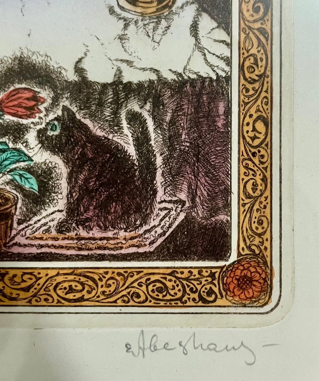 Jewish Shtetl Shabbat Candles Russian Judaica Etching w Hand Watercolor Painting