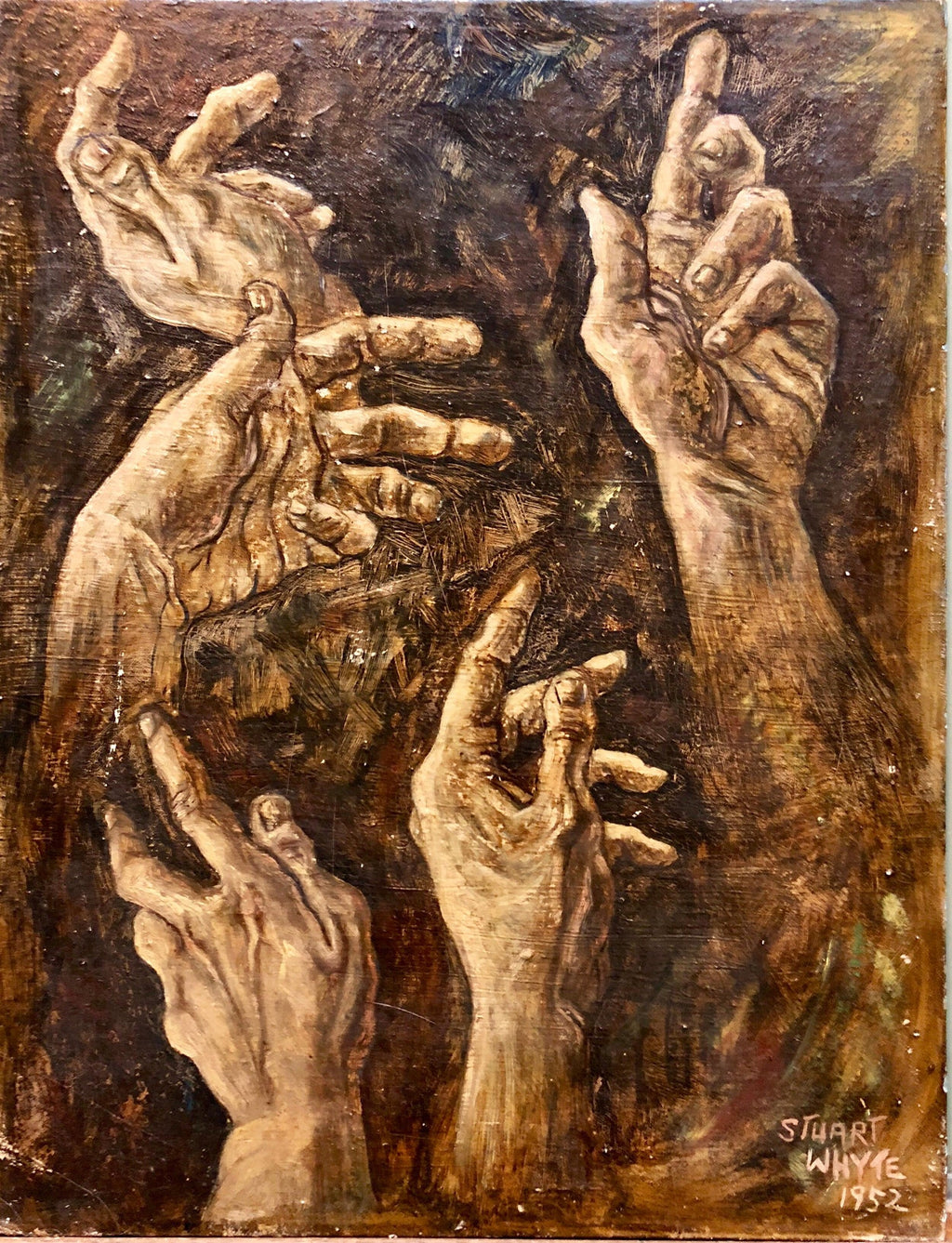 1950s Academic Realistic Study of Hands Oil Painting Signed Stuart Whyte