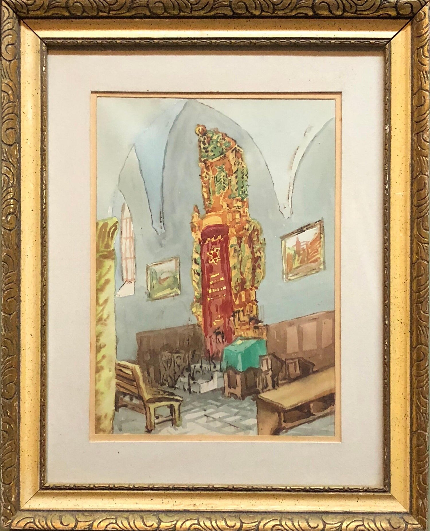 Israeli Modernist Safed Synagogue Interior Folk Art Watercolor Painting