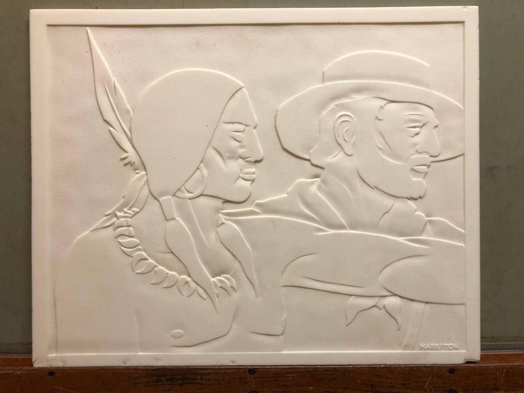 Rare Milk Glass Carved Sculpture Panel Cowboy Indian WPA Artist Americana