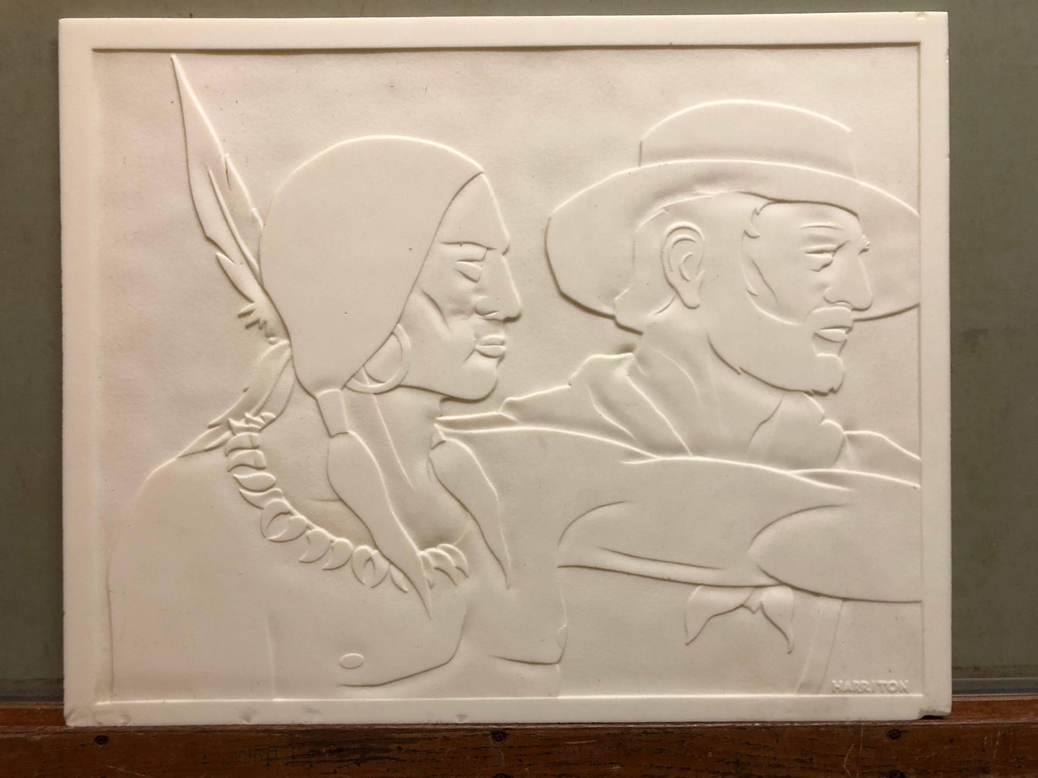 Rare Milk Glass Carved Sculpture Panel Cowboy Indian WPA Artist Americana