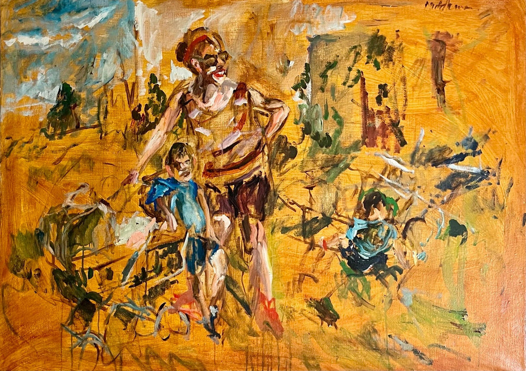 Large Abstract Beach Scene Oil Painting Woman with Children Raoul Middleman