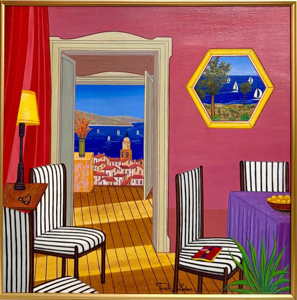 Whimsical Naive Mediterranean Seaside Interior Folk Art Oil Painting Fanch Ledan