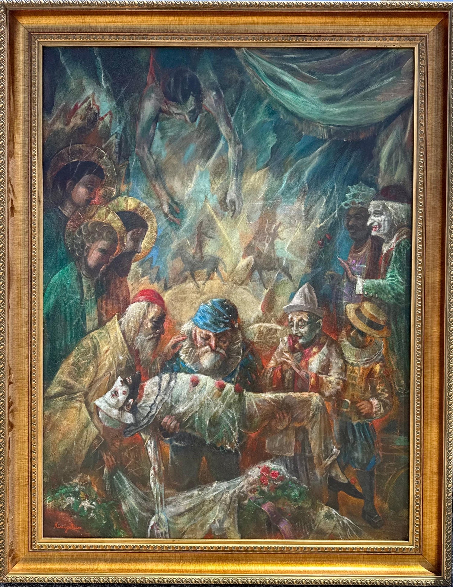 Large Oil Painting Circus Scene Clowns Rediscovered NY Artist Jonah Kinigstein