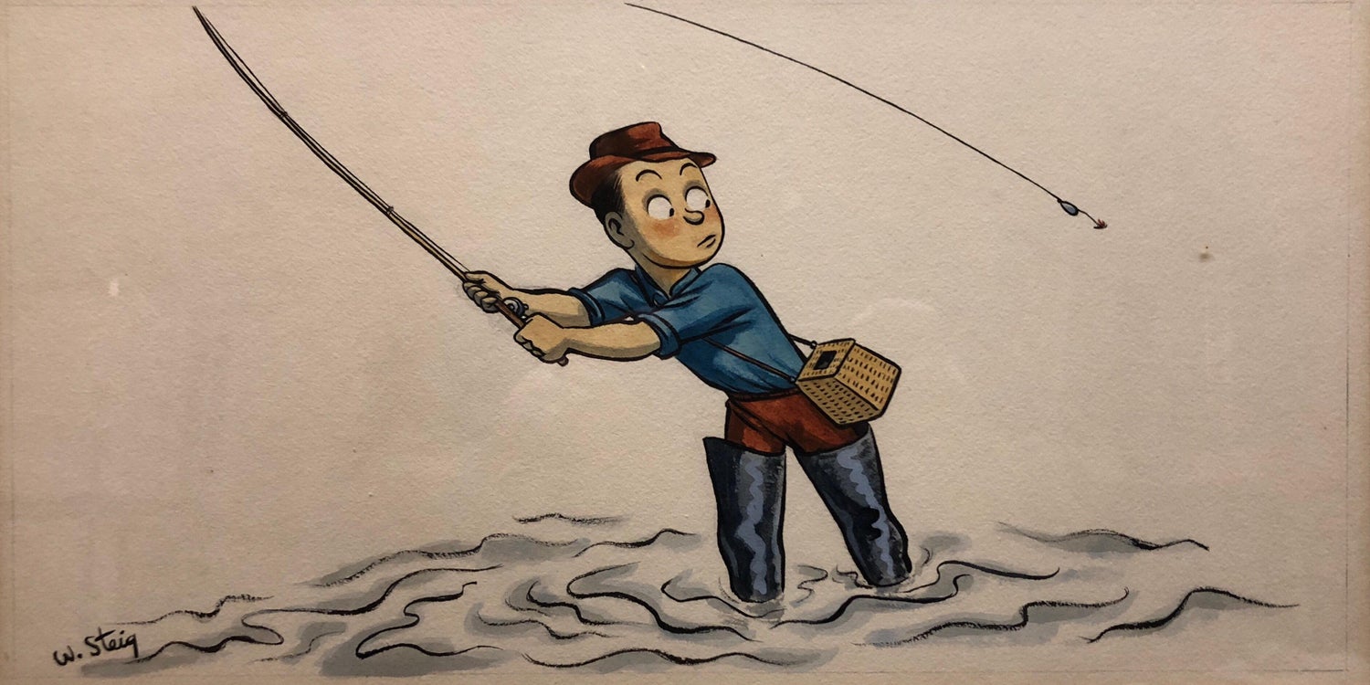Whimsical Fishing Illustration Cartoon 1938 Mt Tremblant Ski Lodge William Steig