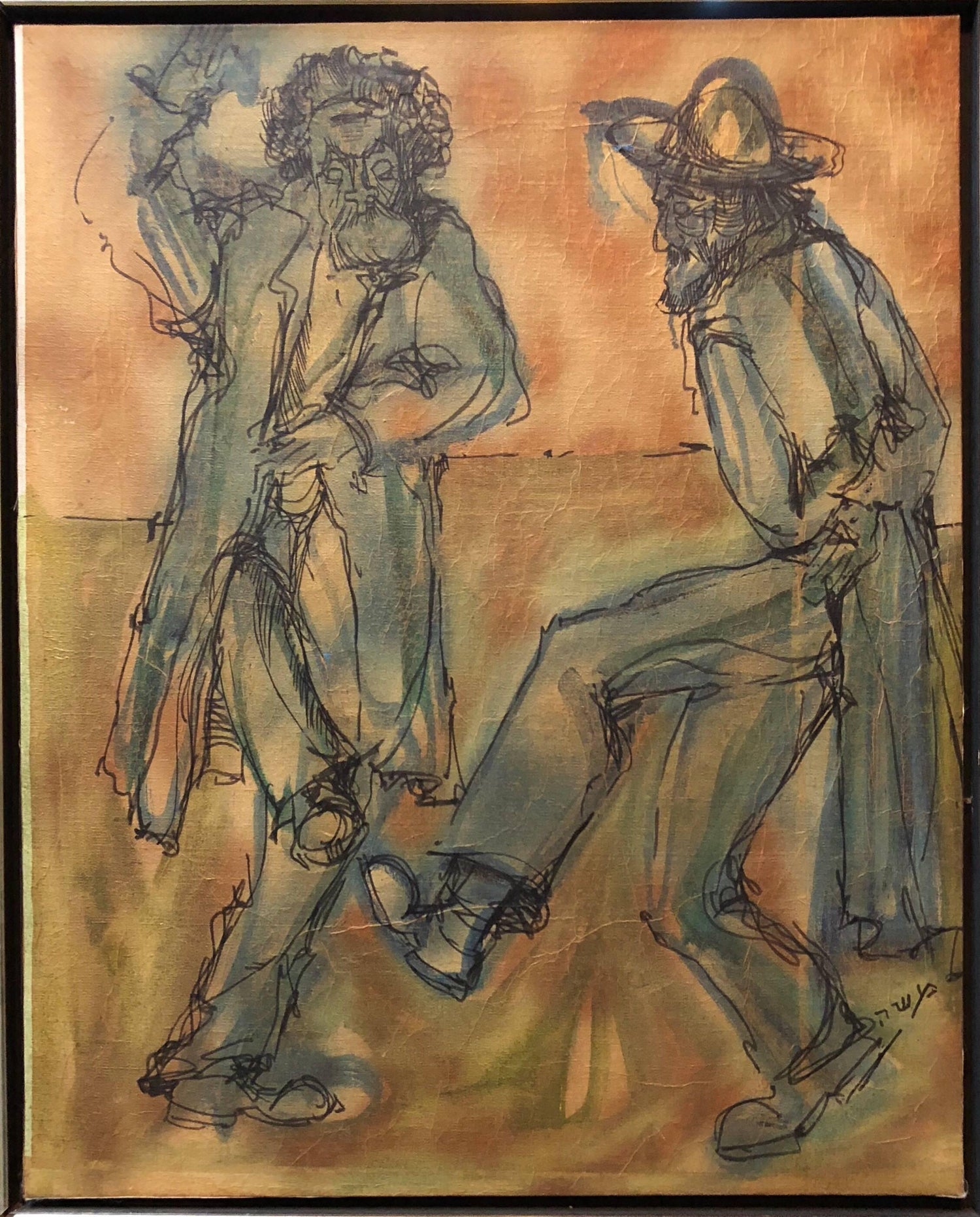 Modernist Israeli Rabbis Dancing in Jerusalem, Judaica, Mixed Media Painting