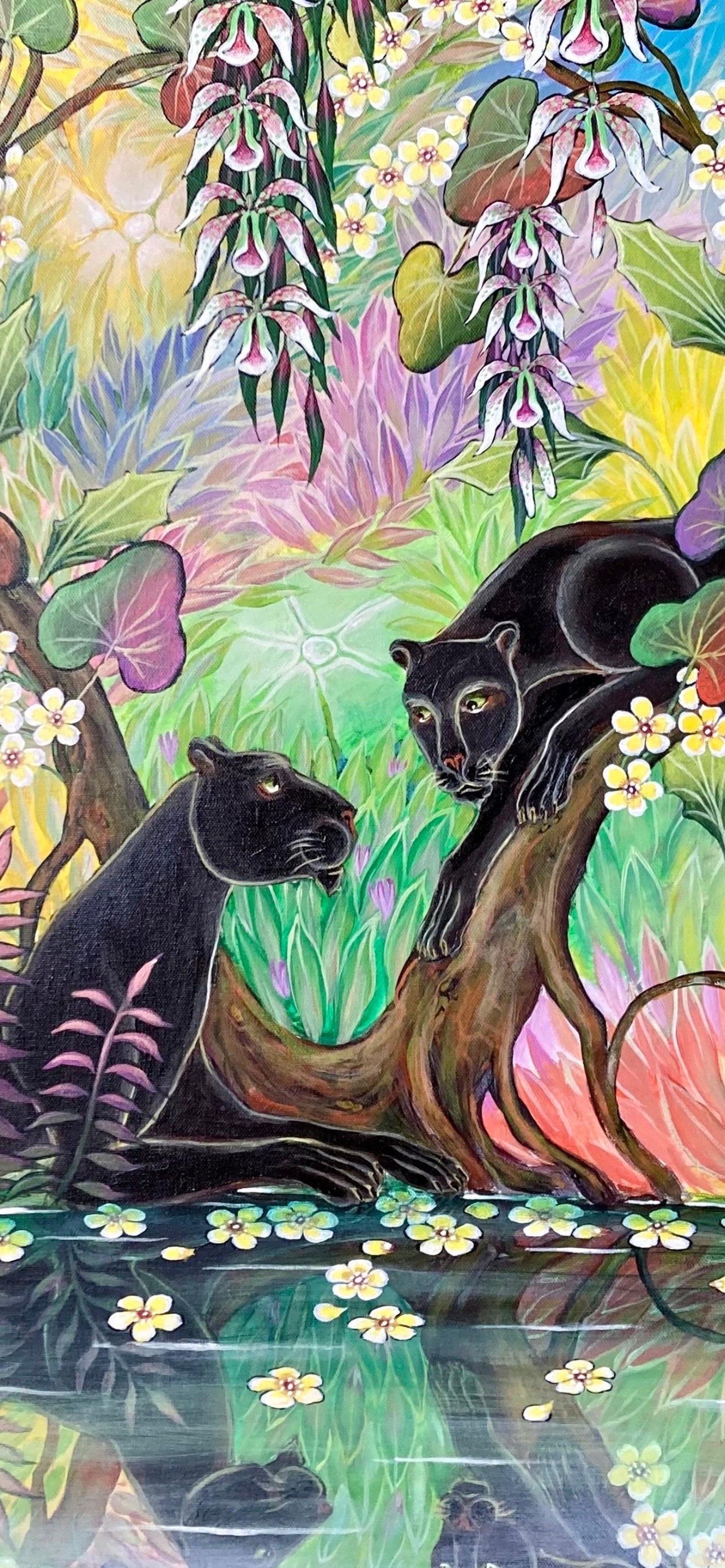 Original Painting "Promises" Tropical Jungle Painting Panthers, Gustavo Novoa