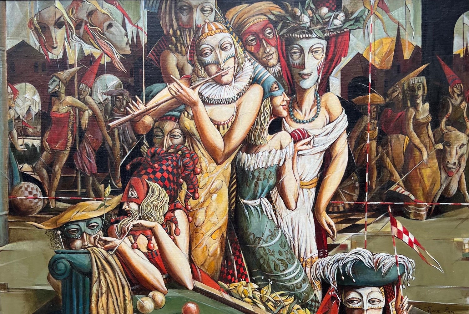 French Mod Surrealist Commedia dell'arte Circus Scene Oil Painting J.P. Serrier