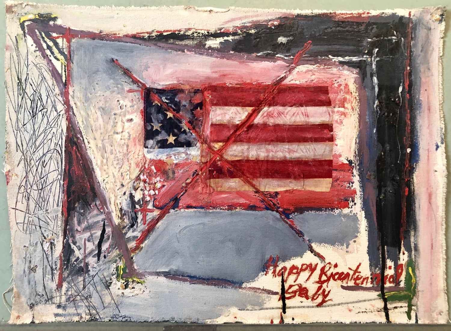 Abstract Expressionist Happy Bicentennial Baby, American Flag Collage Painting