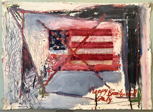 Abstract Expressionist Happy Bicentennial Baby, American Flag Collage Painting