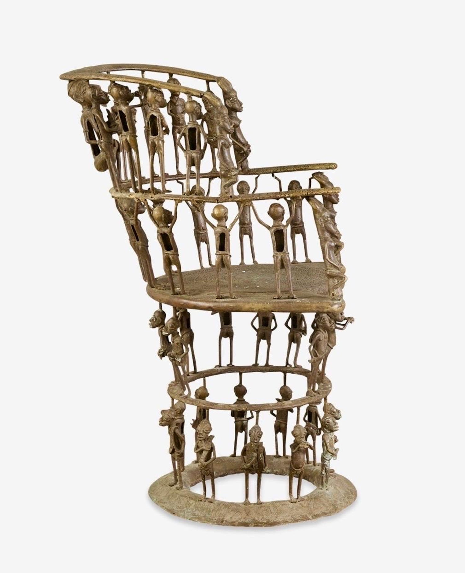 Rare African Solid Benin Bronze Ceremonial Throne Chair Multi Figure Sculpture