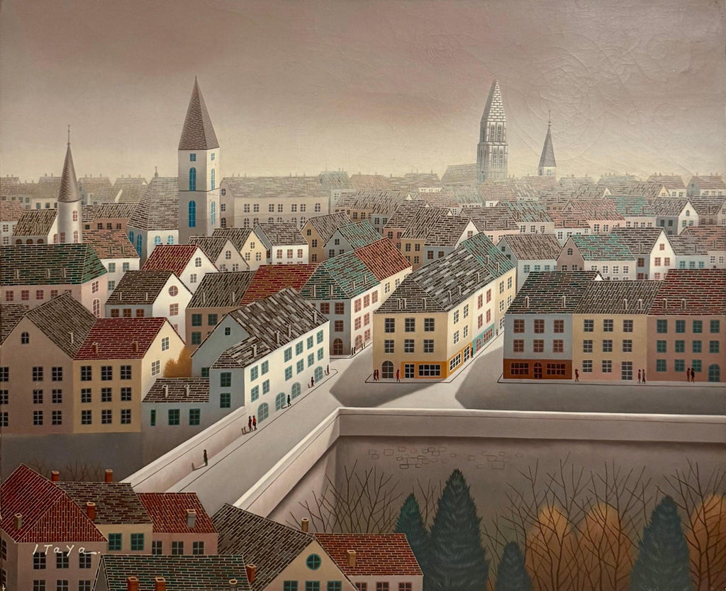 Large Surrealist French Japanese European Cityscape Oil painting Foussa Itaya