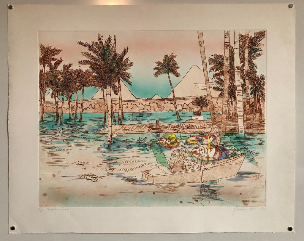 Mystic Cafe, Pyramids Signed Aquatint Etching California Woman Artist Susan Hall
