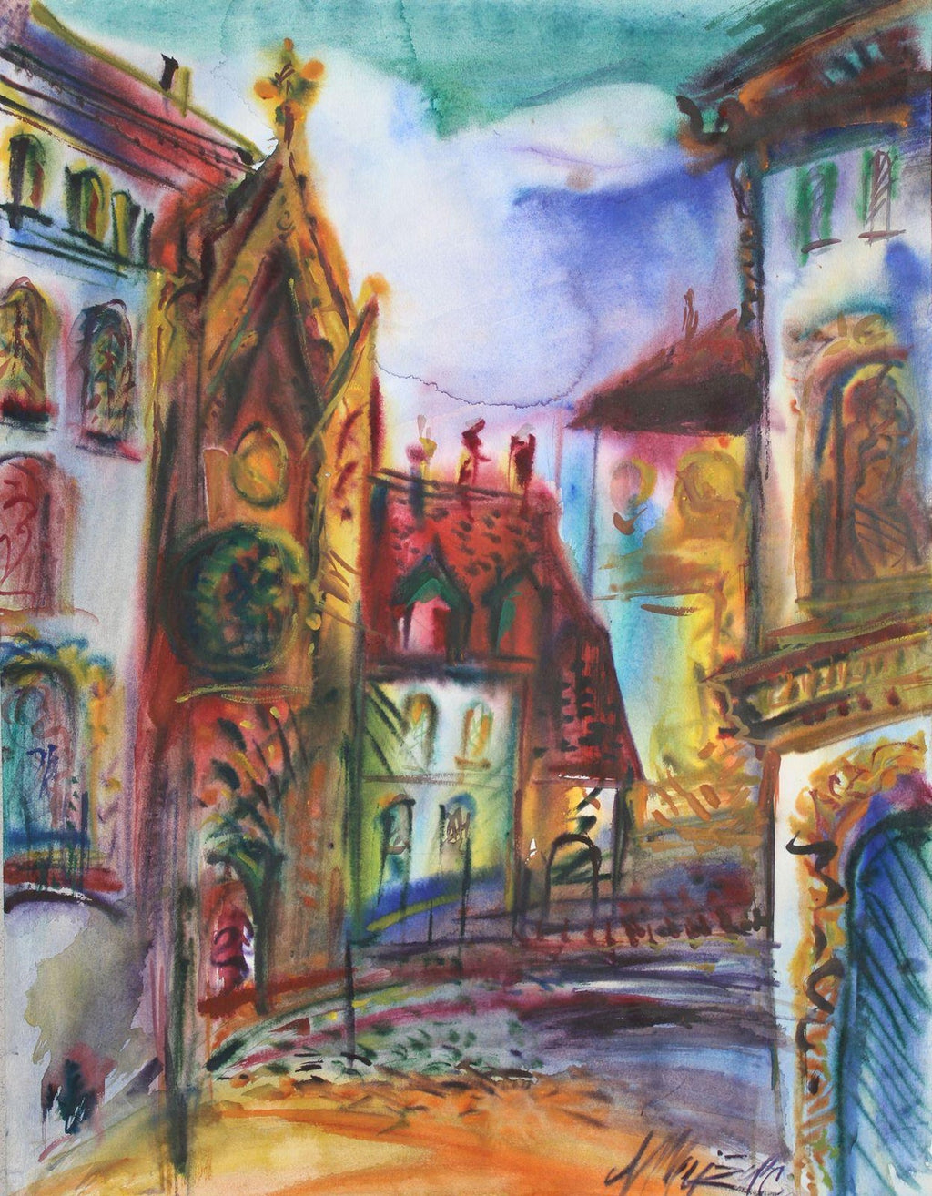 European Architectural Colonnaded Arcade Watercolor Painting