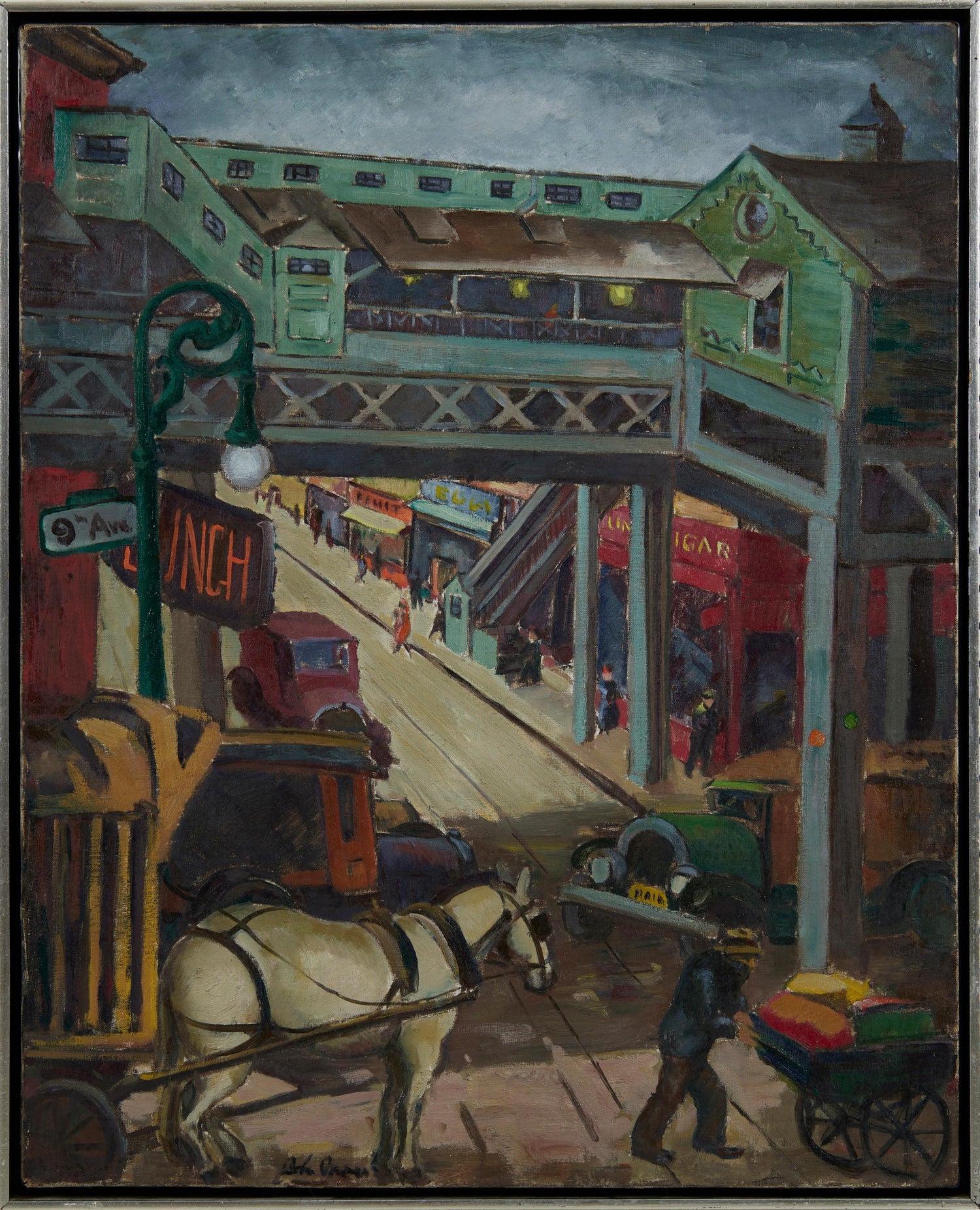 Modernist Oil Painting George Schwacha Brooklyn Street Scene Fruit Market WPA