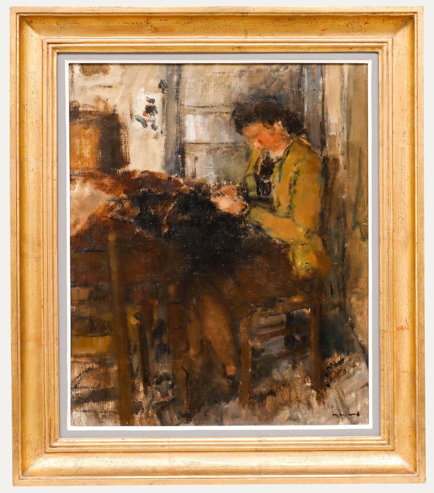 Israeli Judaica Old Jewish Woman Sewing Expressionist Oil Painting