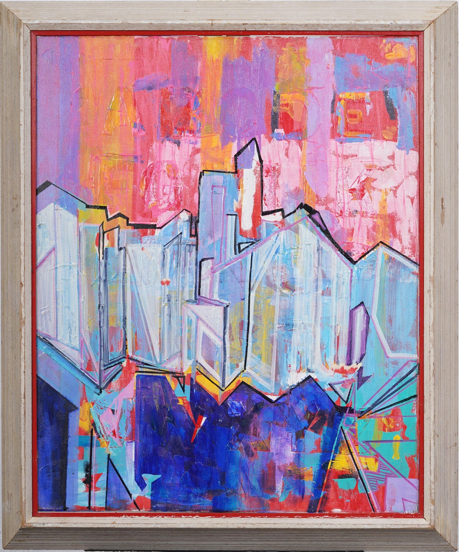 Abstract Cityscape 1960 Oil Painting Signed Chait Expressionist NYC City Scene