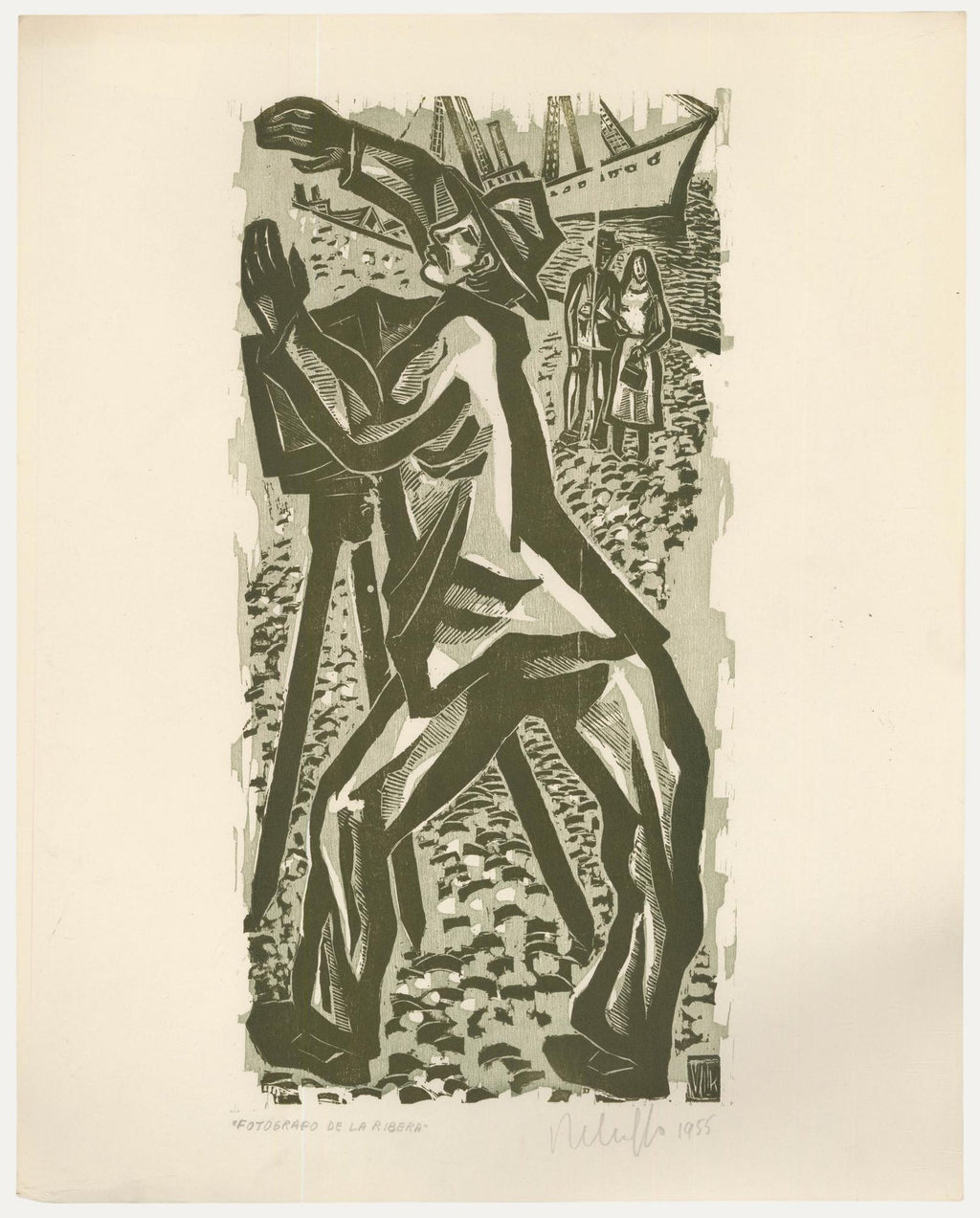 Woodblock Print Polish Israeli Artist Azriel Awret Rainy Street Jerusalem Israel
