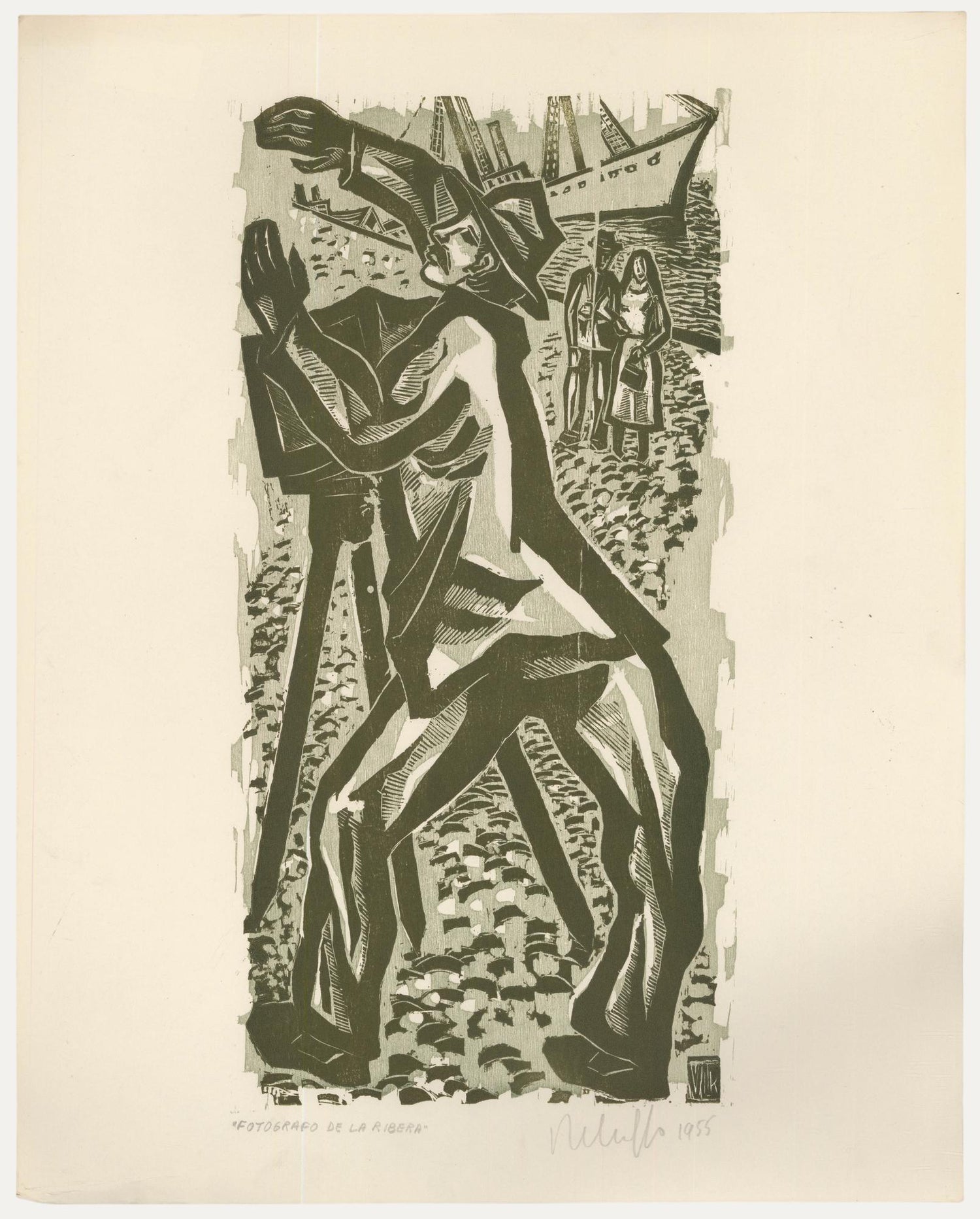 Woodblock Print Polish Israeli Artist Azriel Awret Rainy Street Jerusalem Israel