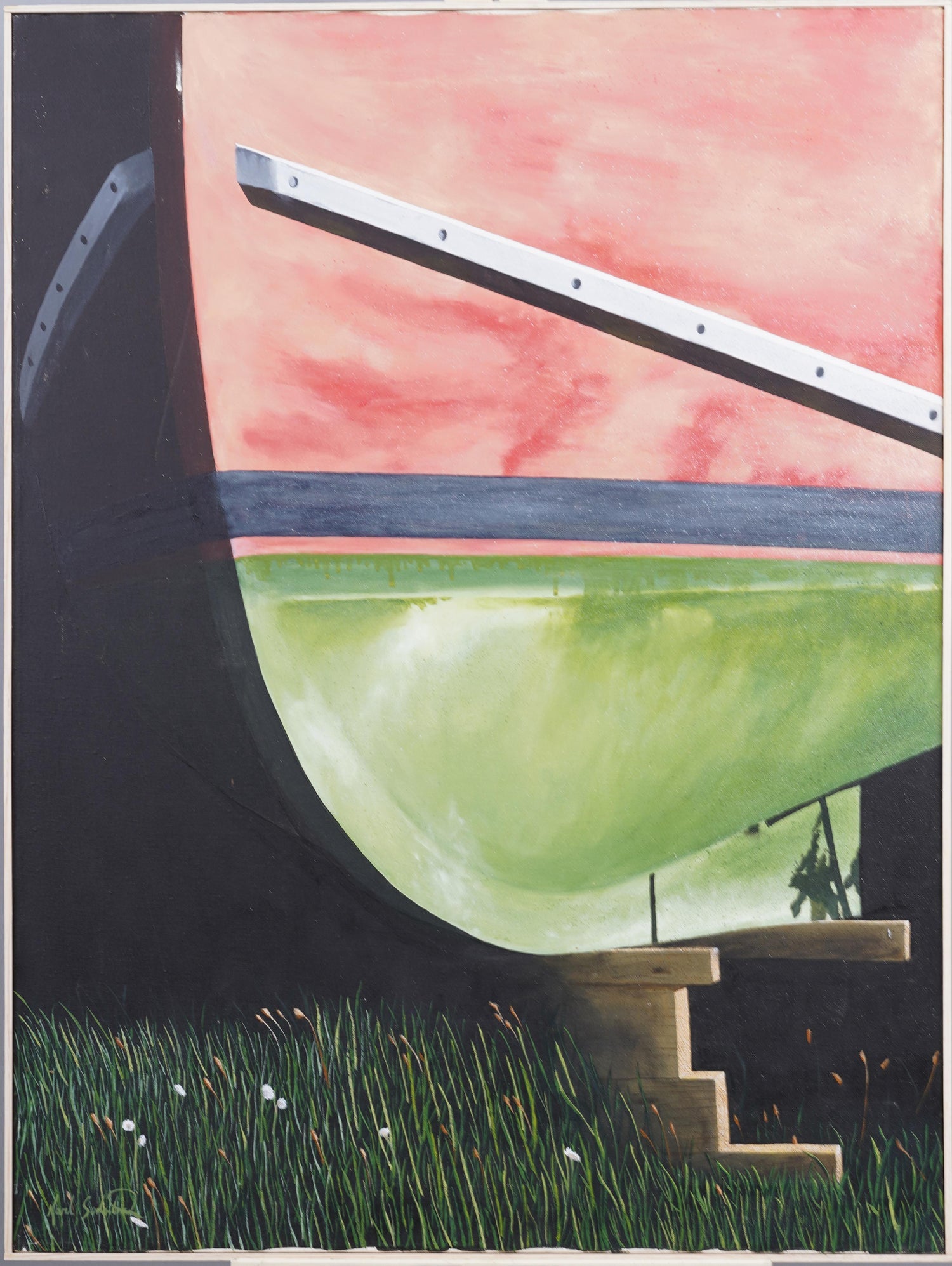Modernist Oil Painting Abstract Dock with Boat Judith Shahn