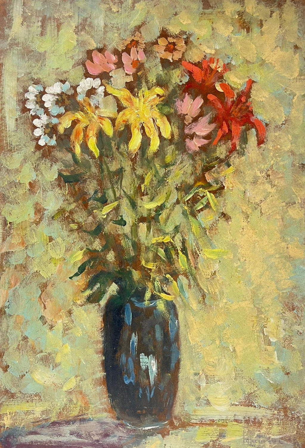 BOUQUET Modernist Flowers in a Vase, Impasto Oil Painting