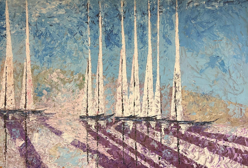 Israeli Modernist Abstract Expressionist Gouache Painting Boats