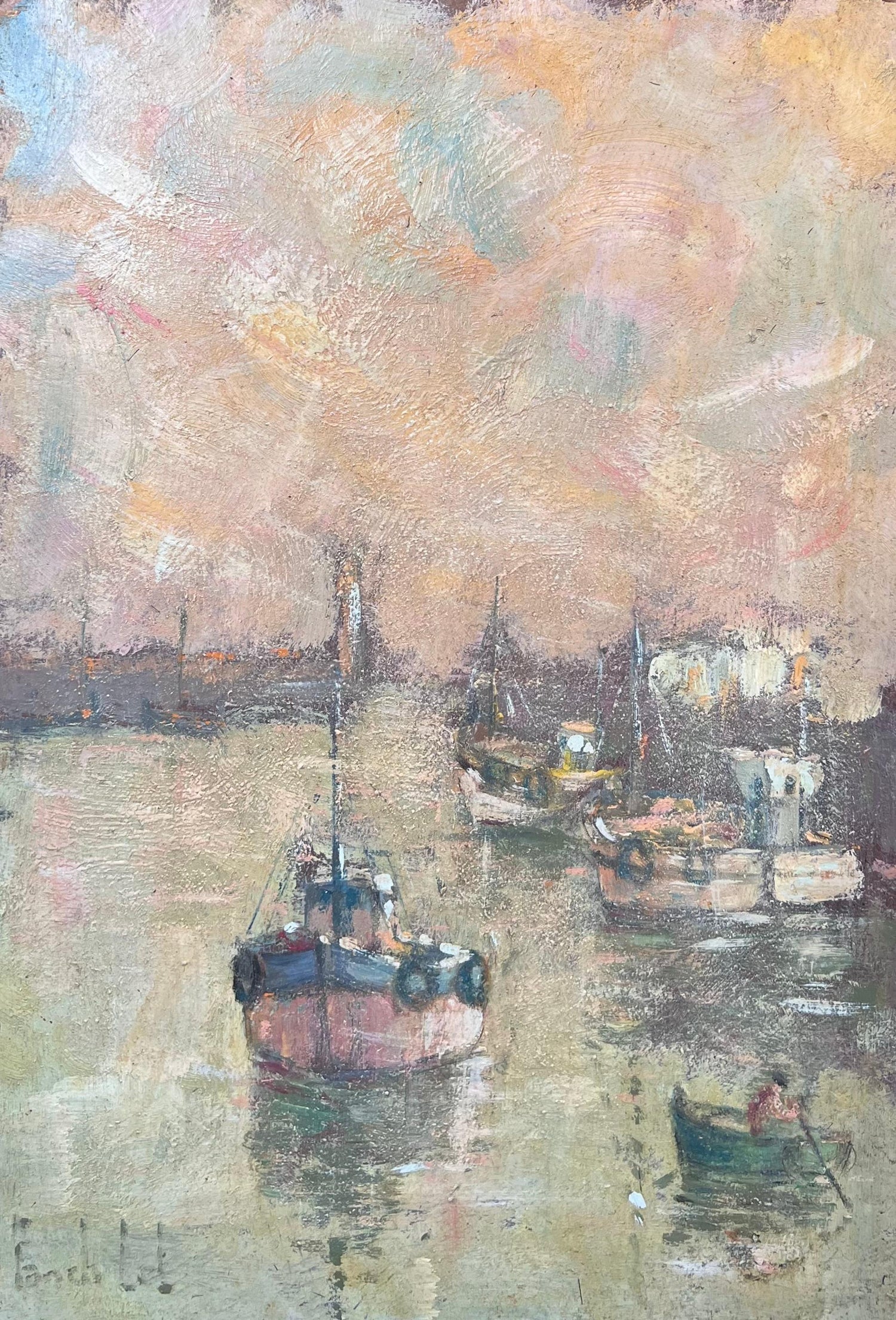 River Walk, American Modernist Oil Painting Landscape with  River and Boats