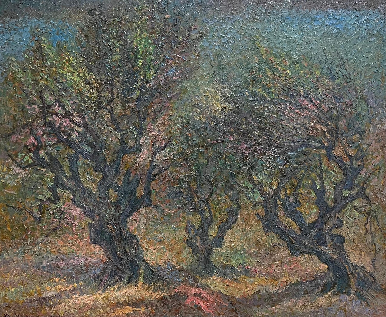 Modernist Picnic Olive Trees Israel Landscape Oil Painting Zvi Livni Israeli Art