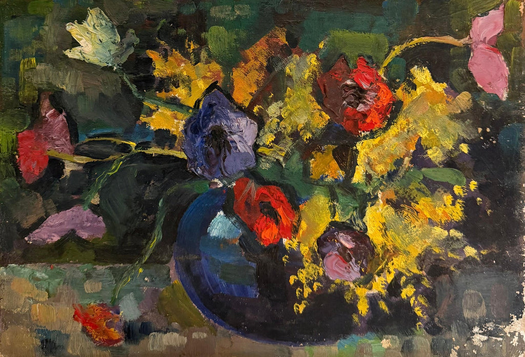 Soucis au Petit Pot Bleu, Floral Oil Painting Marigold Flower Bouquet in Vase