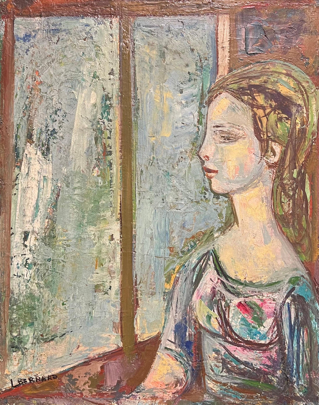 El Balcon, Courting Couple Mexican Modernist Oil Painting