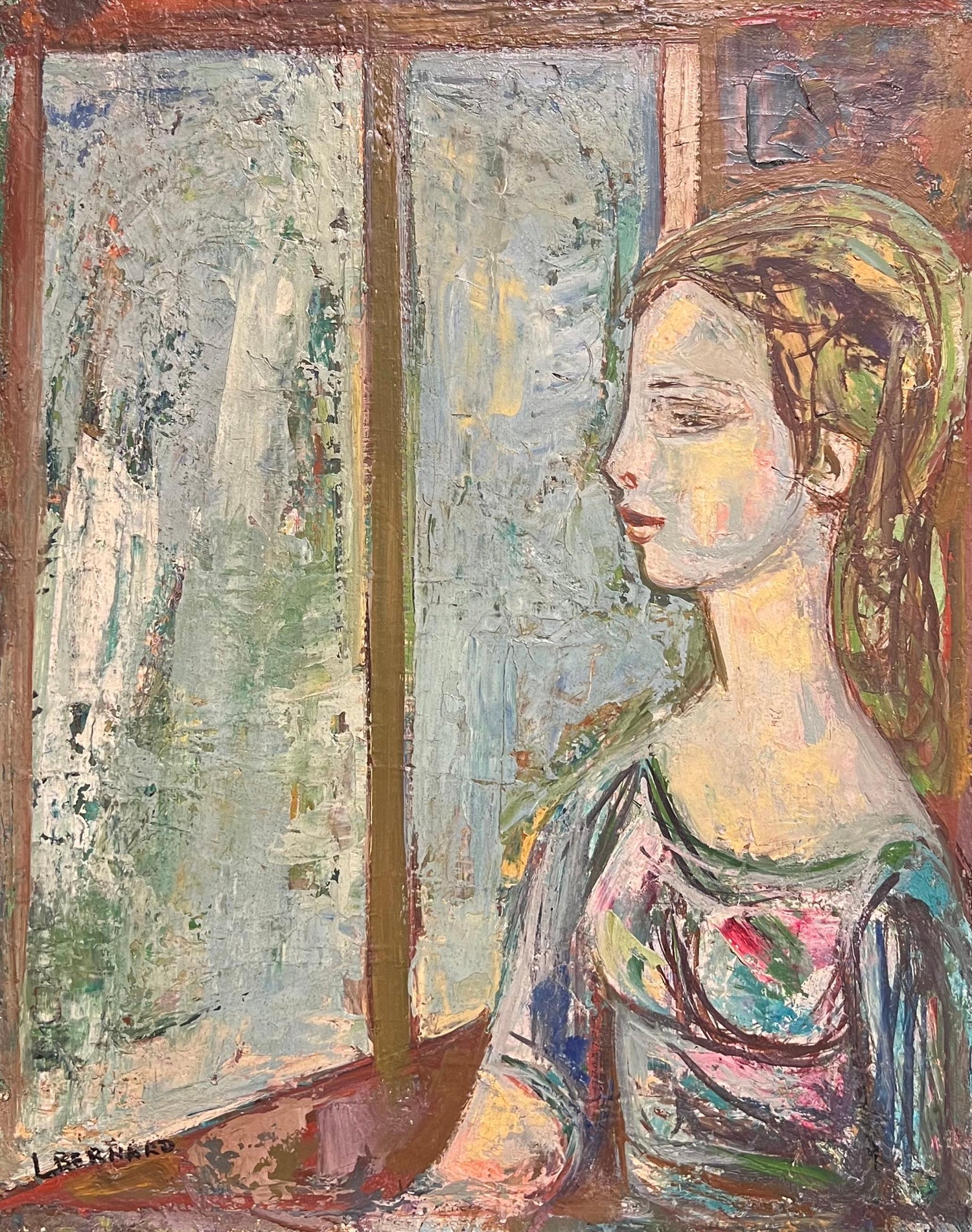 El Balcon, Courting Couple Mexican Modernist Oil Painting