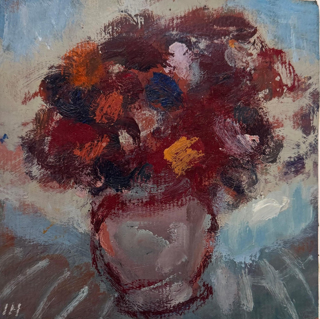 Soucis au Petit Pot Bleu, Floral Oil Painting Marigold Flower Bouquet in Vase