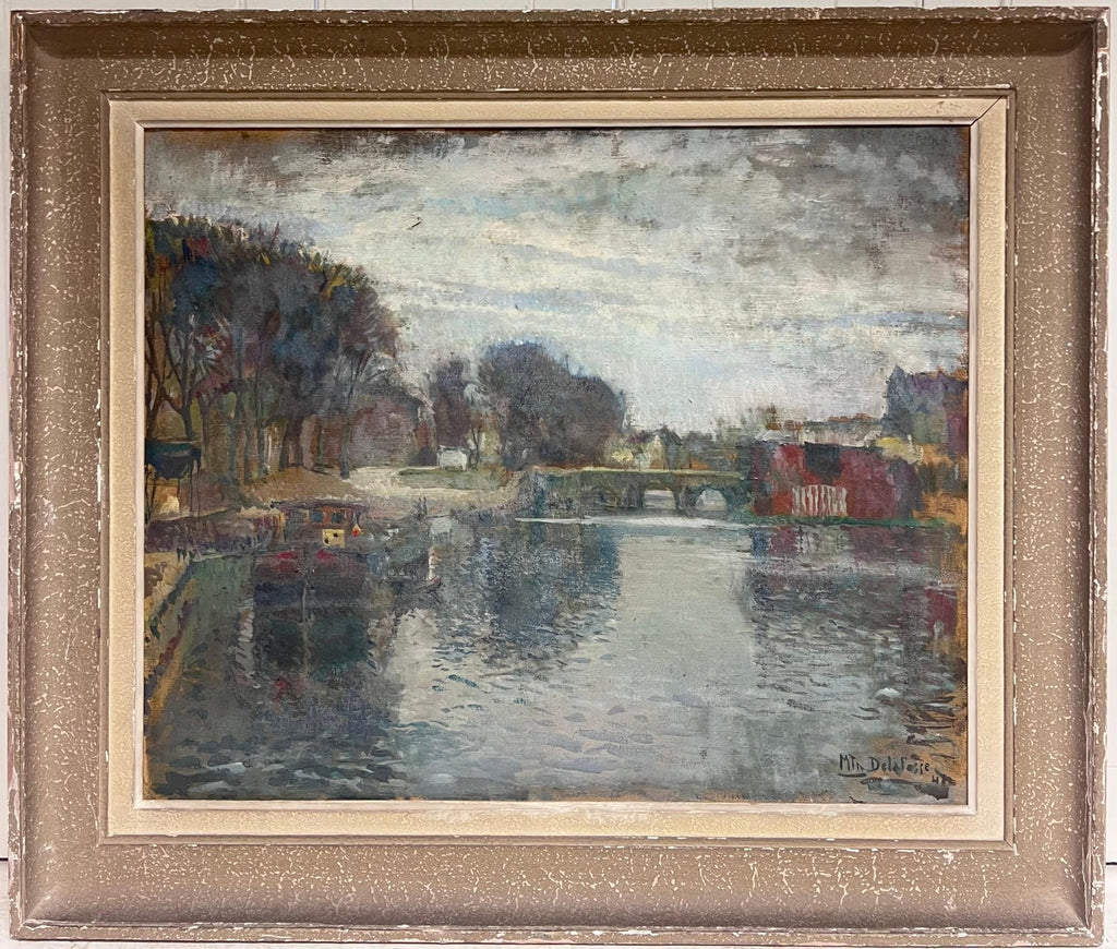 River Walk, American Modernist Oil Painting Landscape with  River and Boats