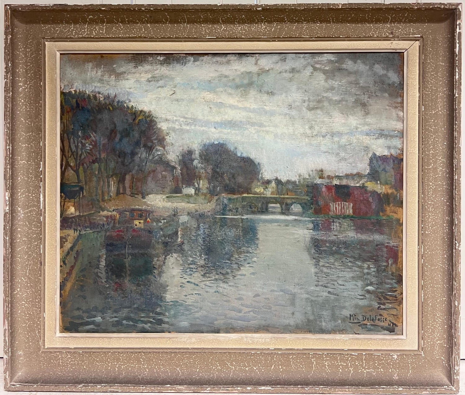 River Walk, American Modernist Oil Painting Landscape with  River and Boats